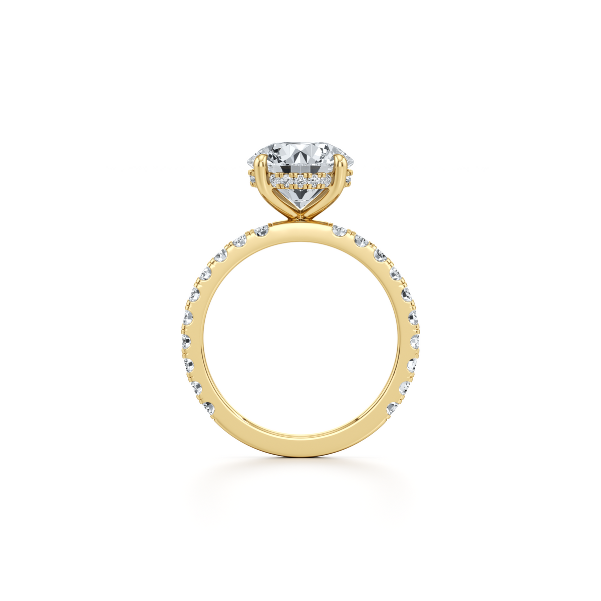 3.09 carat round lab grown diamond pavé engagement ring in 14K yellow gold