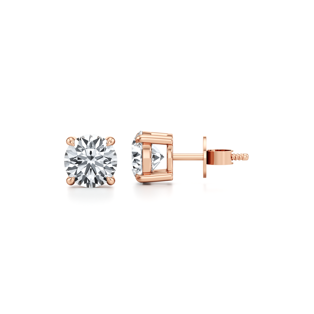 VVS2 D colour round lab grown diamond basket studs in 14K rose gold