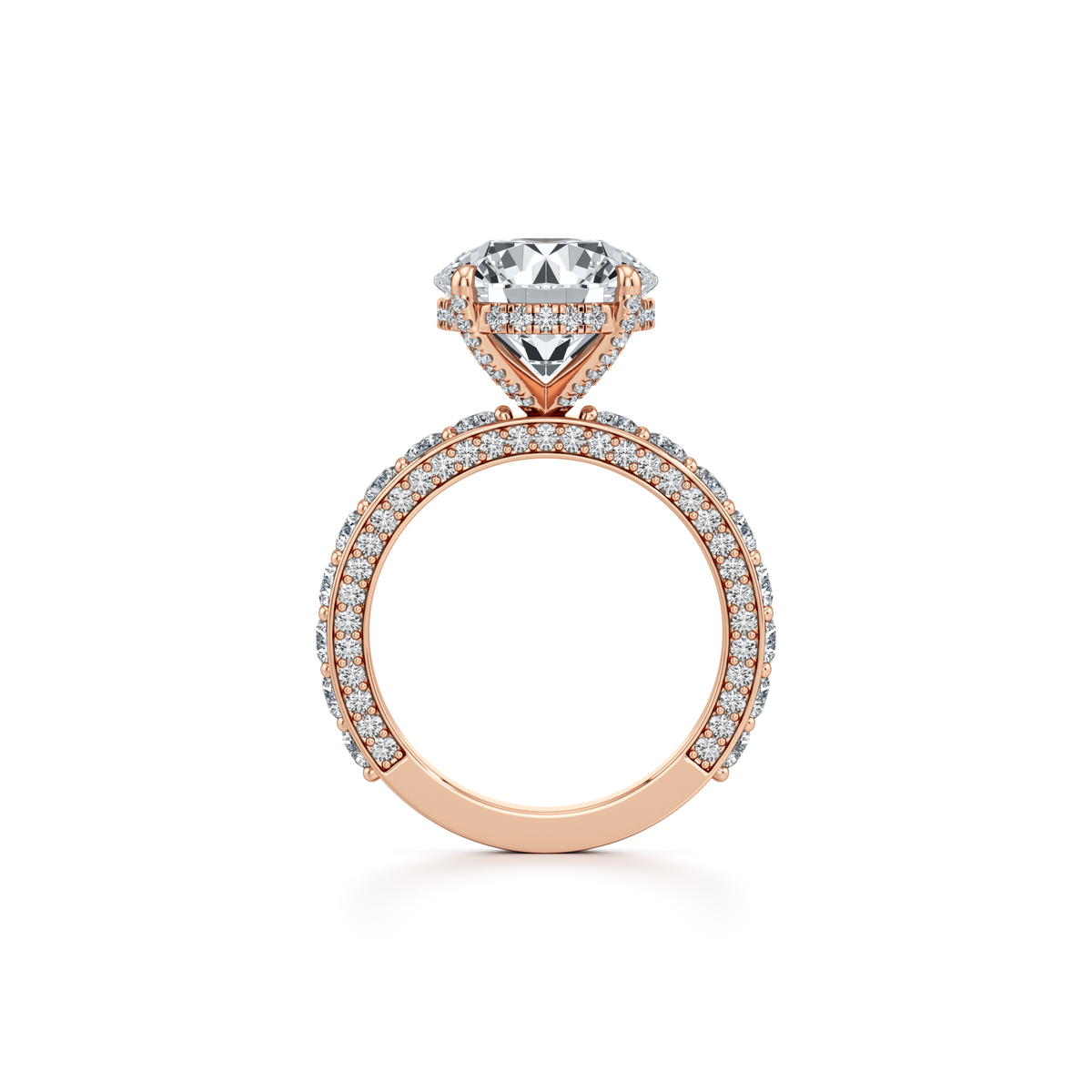 Round lab grown diamond engagement ring with hidden halo in 14K rose gold, 6.76 carat total