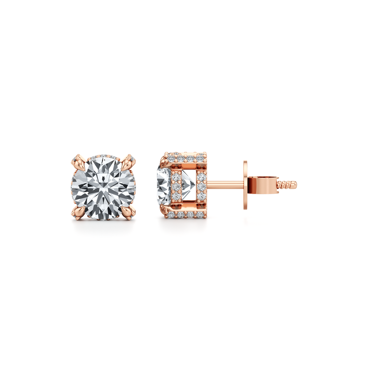VVS2 round lab grown diamond hidden halo studs in 14K rose gold