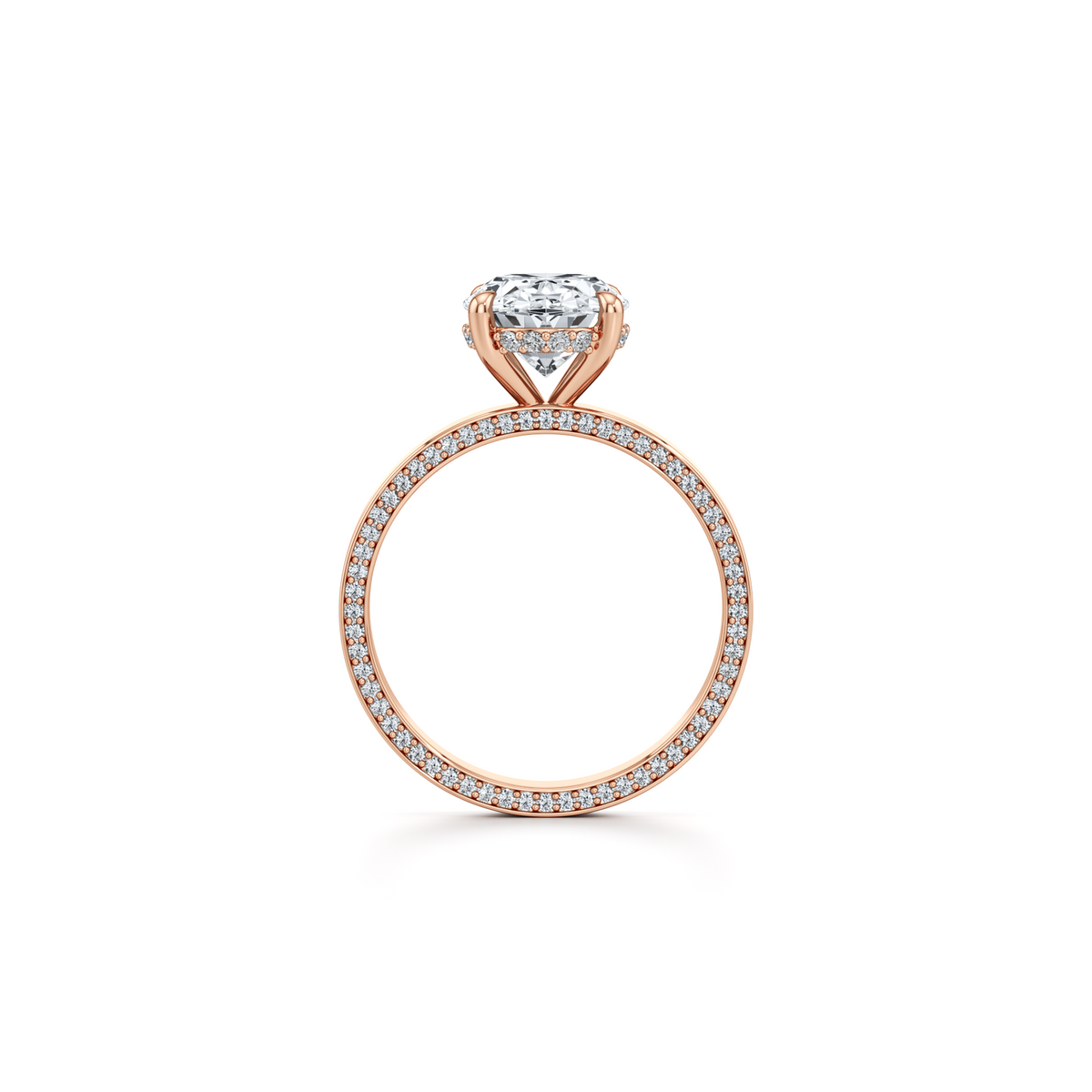 Oval lab grown diamond halo engagement ring with diamond prongs in 14K rose gold, 3.52 carat total