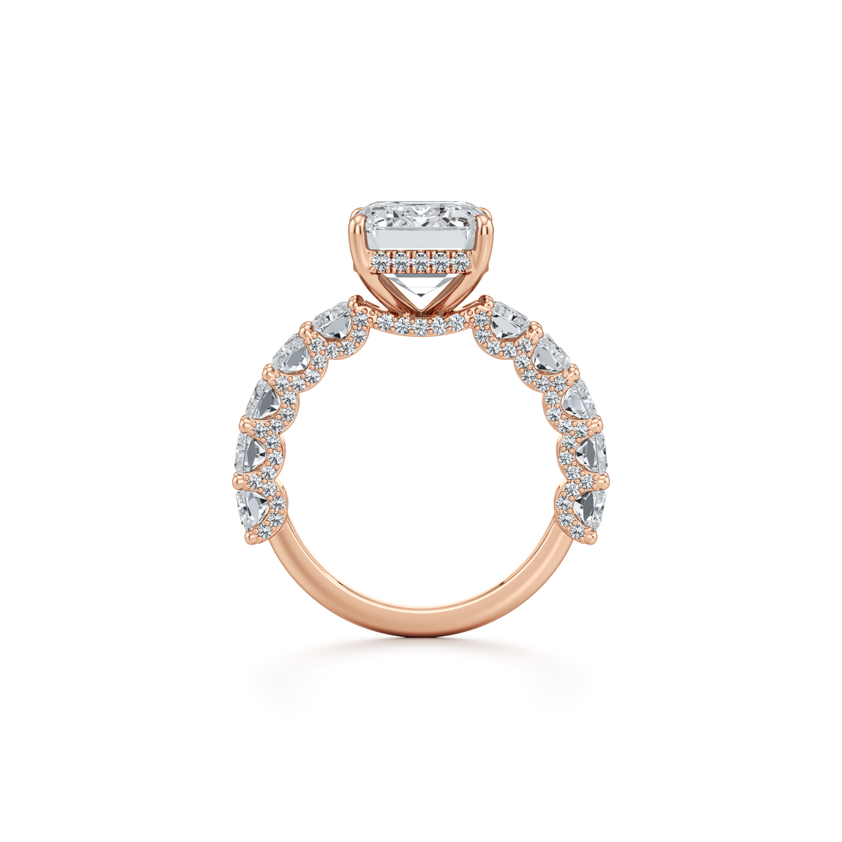 Emerald cut lab grown diamond pavé engagement ring in 14K rose gold, 9.76 carat total