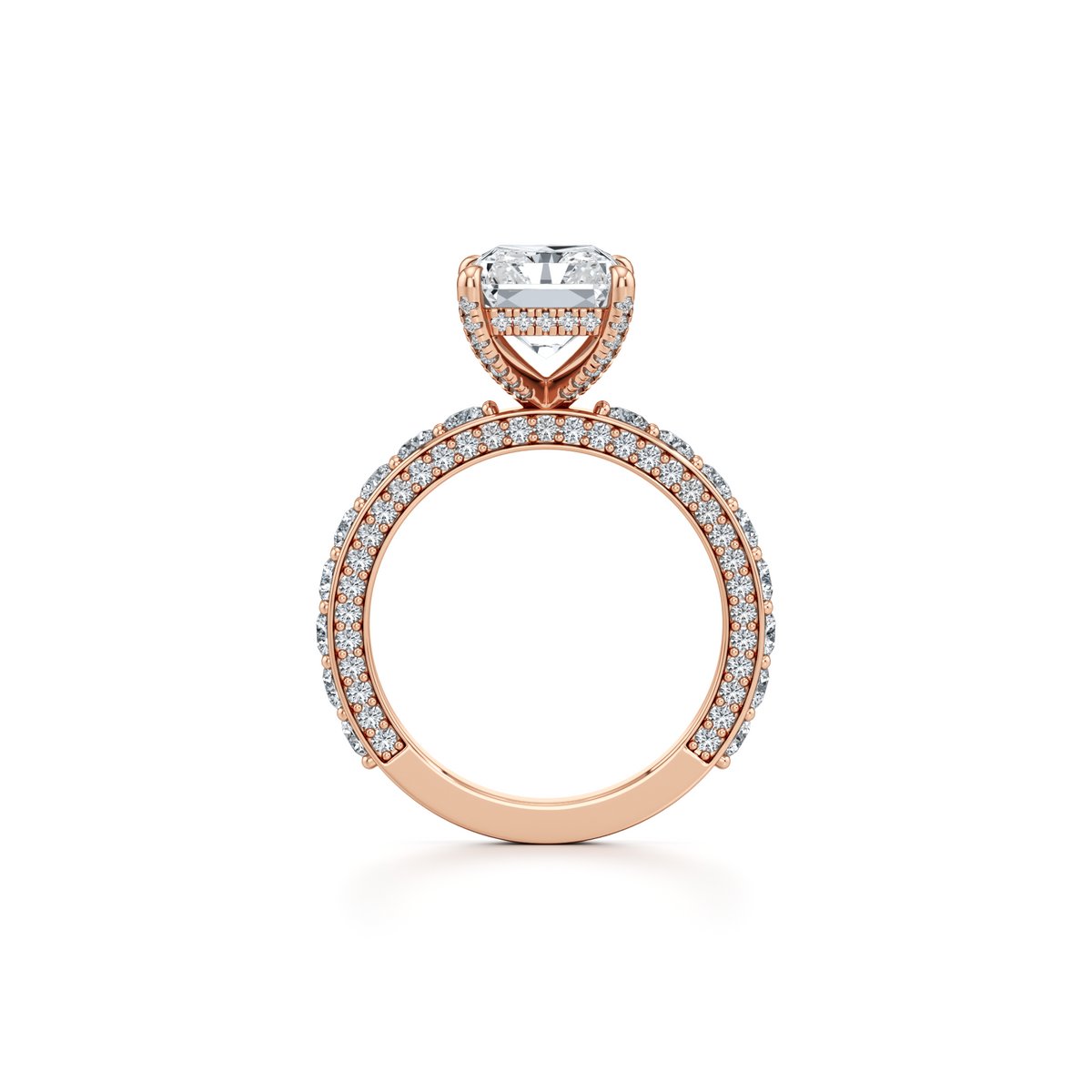 Radiant cut lab grown diamond engagement ring with hidden halo in 14K rose gold, 5.03 carat total