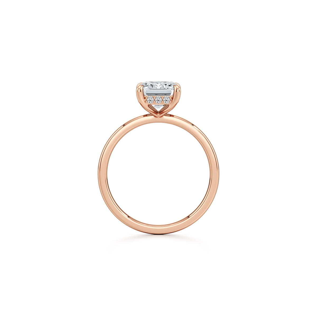 Emerald cut lab grown diamond engagement ring with hidden halo in 14K rose gold, 3.09 carat total
