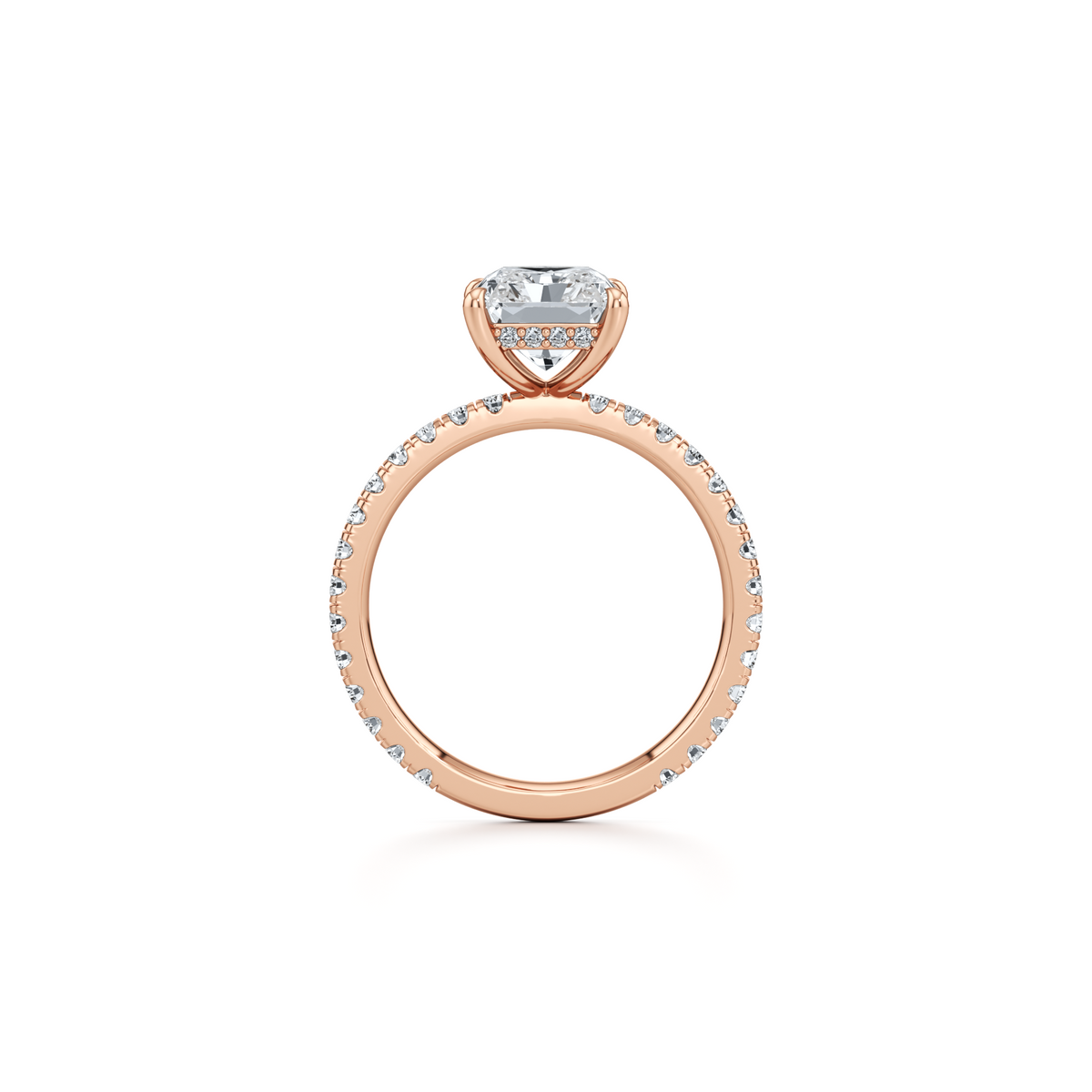Radiant cut lab grown diamond engagement ring with hidden halo in 14K rose gold, 4.05 carat total