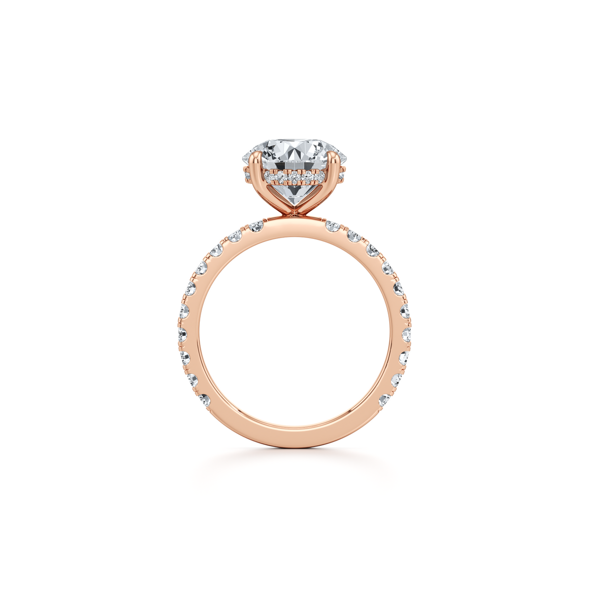 3.09 carat round lab grown diamond pavé engagement ring in 14K rose gold