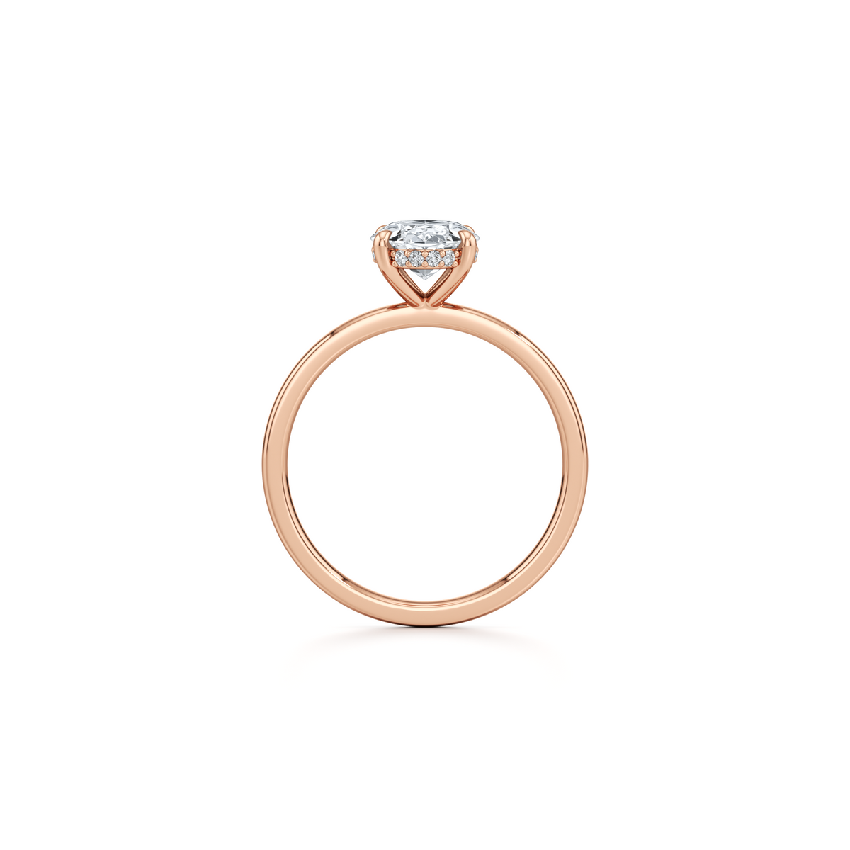 Oval lab grown diamond engagement ring with hidden halo in 14K rose gold, 2.12 carat total