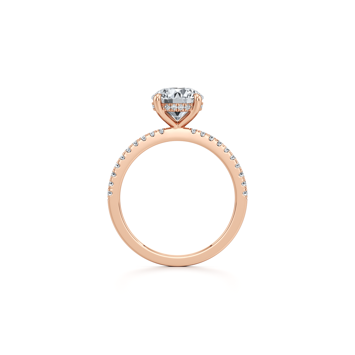 Round lab grown diamond engagement ring with hidden halo in 14K rose gold, 1.79 carat total