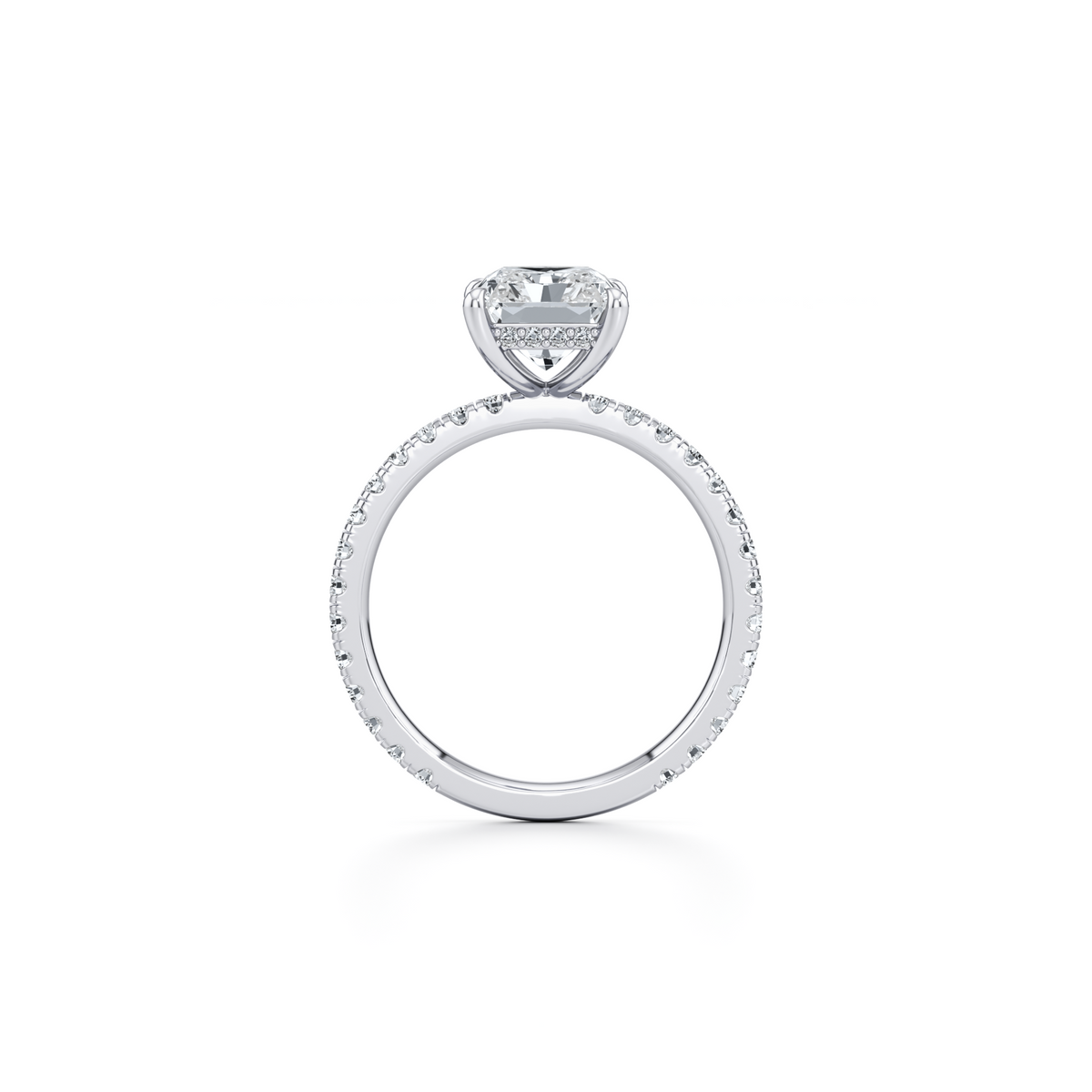 Radiant cut lab grown diamond engagement ring with hidden halo in 14K white gold, 4.05 carat total