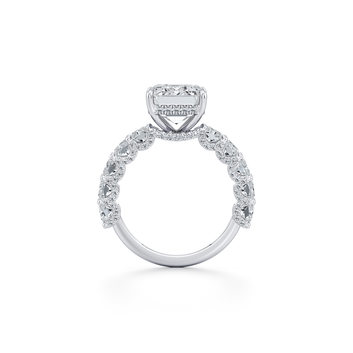 Emerald cut lab grown diamond pavé engagement ring in 14K white gold, 9.76 carat total
