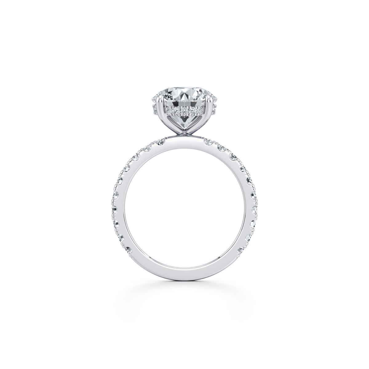3.09 carat round lab grown diamond pavé engagement ring in 14K white gold