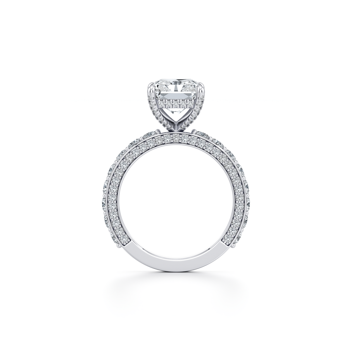 Radiant cut lab grown diamond engagement ring with hidden halo in 14K white gold, 5.03 carat total