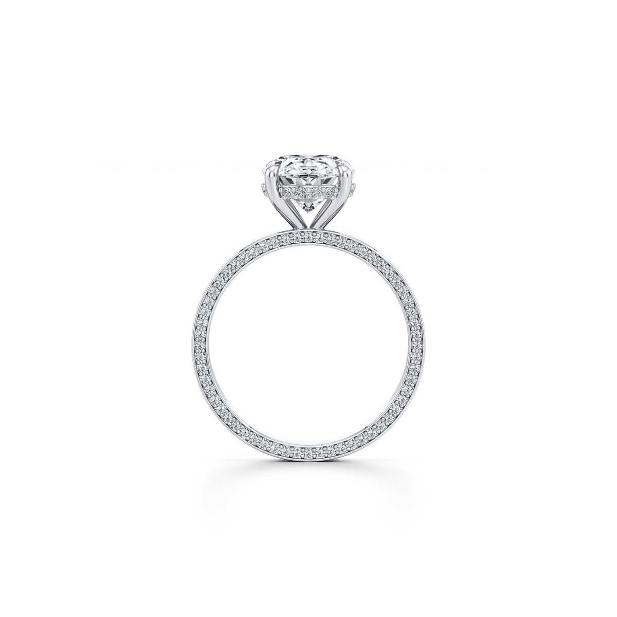 Oval lab grown diamond halo engagement ring with diamond prongs in 14K white gold, 3.52 carat total