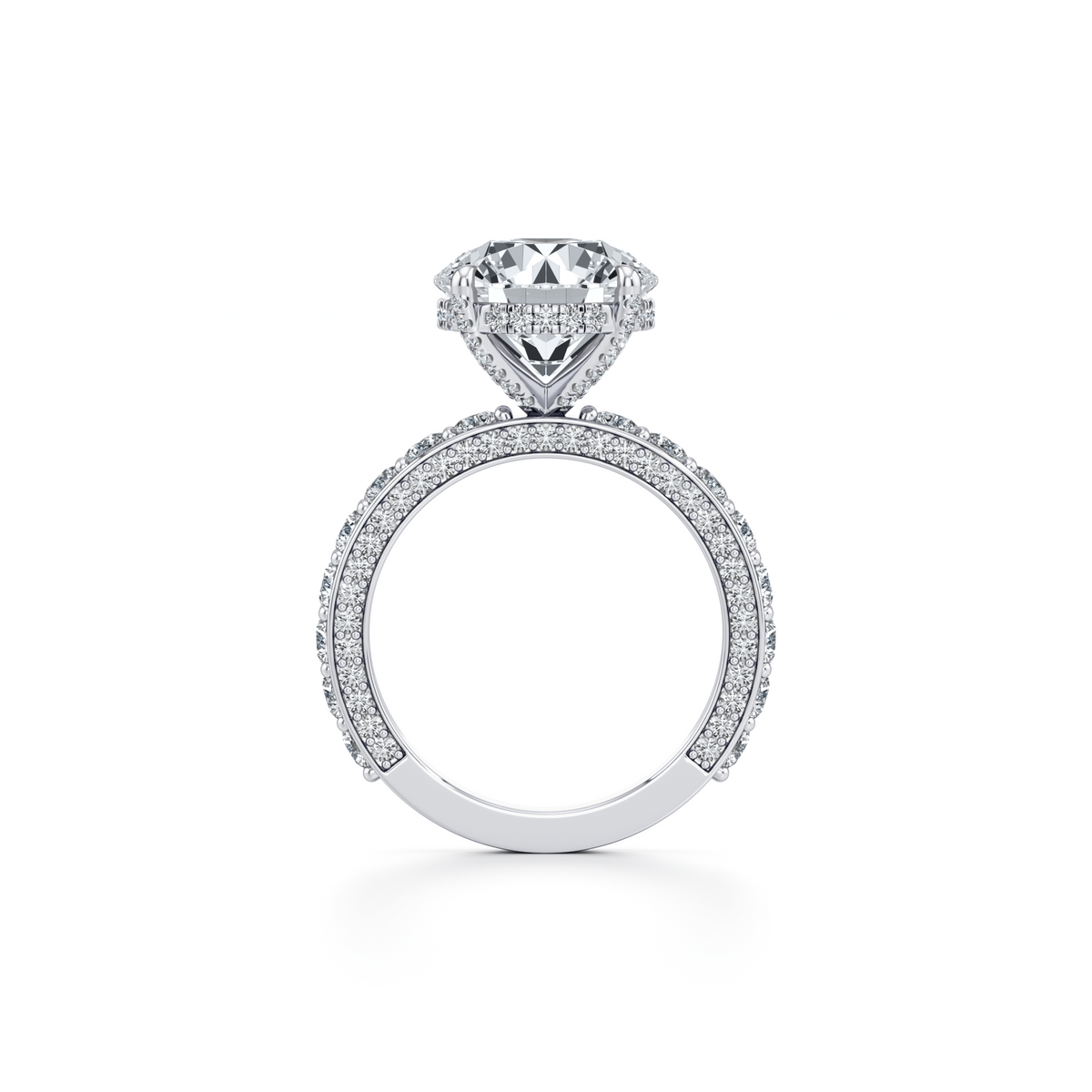 Round lab grown diamond engagement ring with hidden halo in 14K white gold, 6.76 carat total