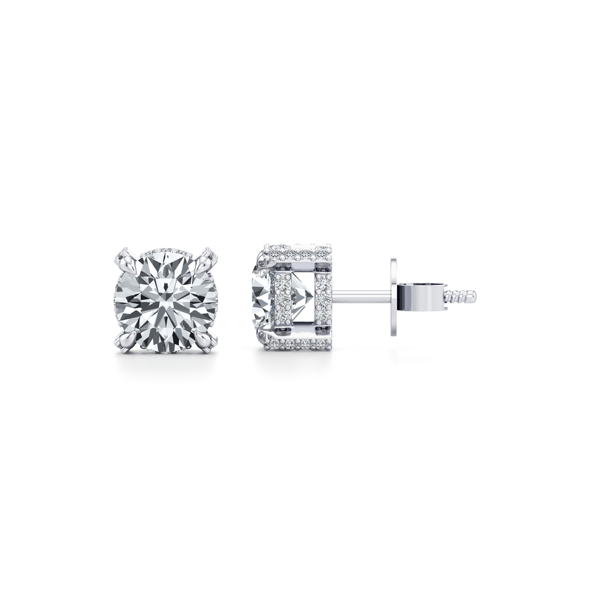 VVS2 round lab grown diamond hidden halo studs in 14K white gold