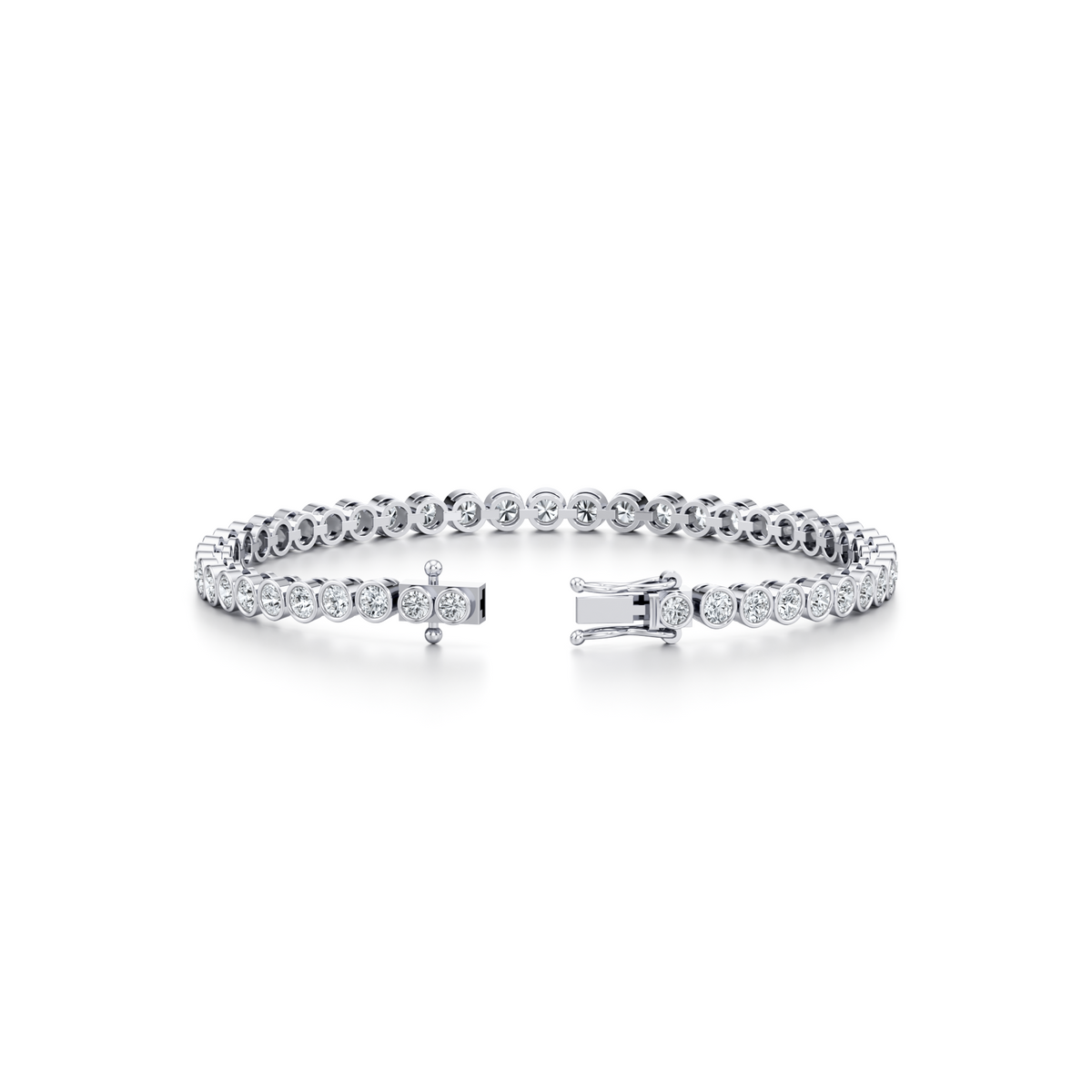Bezel tennis bracelet with 4 carat round lab grown diamonds in 14K white gold