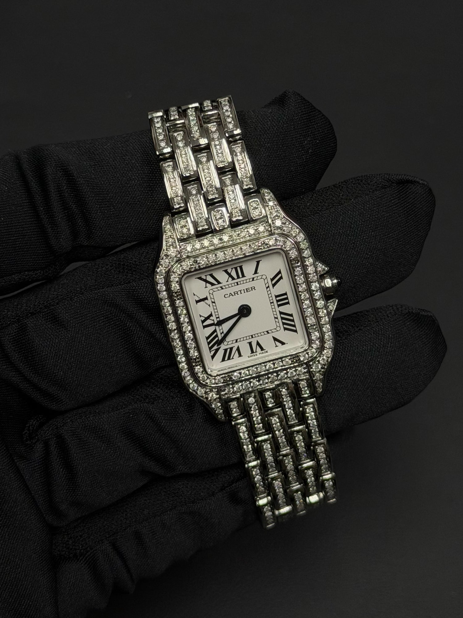 Cartier Panthere Medium iced out with natural diamonds on opaline dial
