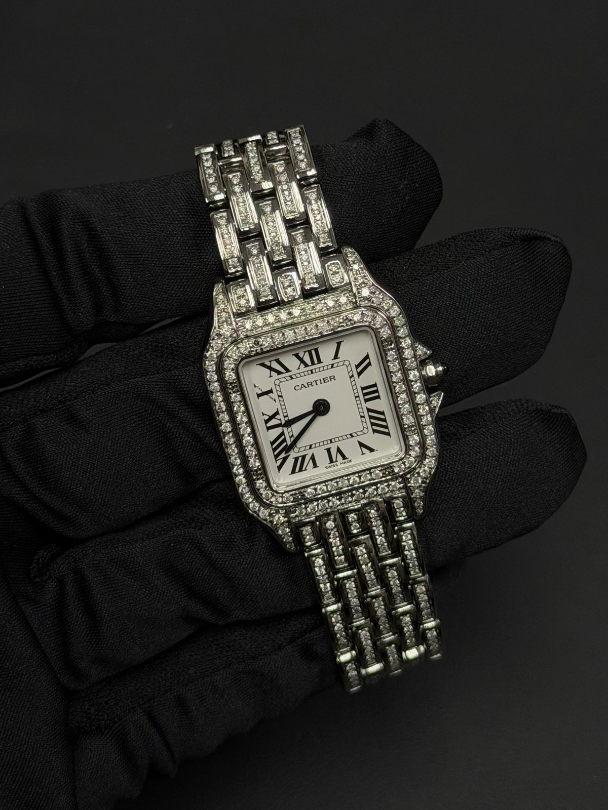 Cartier Panthère Medium iced out with natural diamonds and opaline dial