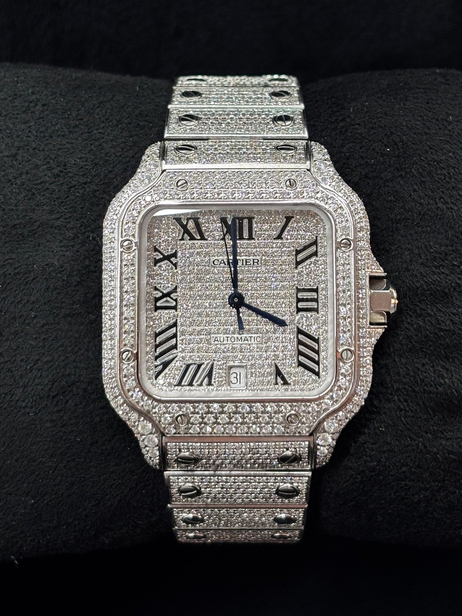 Cartier Santos Large iced out with natural diamonds and Roman numeral dial