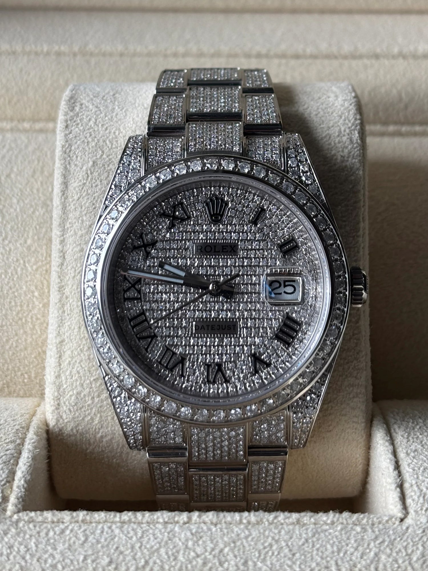Iced out Rolex Datejust 41 on Oyster bracelet set with natural diamonds