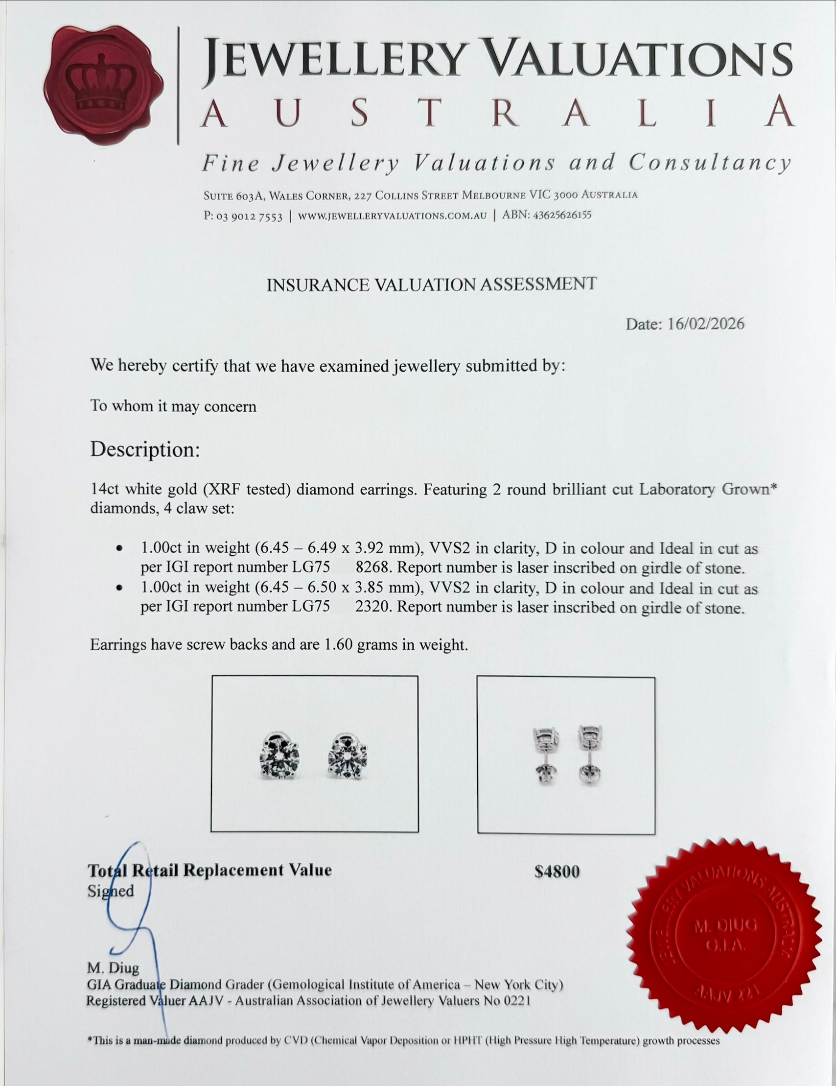 2.00cttw_VVS2_Round_Cut_Lab_Diamond_Earrings_Basket_Set_14K_White_Gold_IGI_Certified_valuation certificate