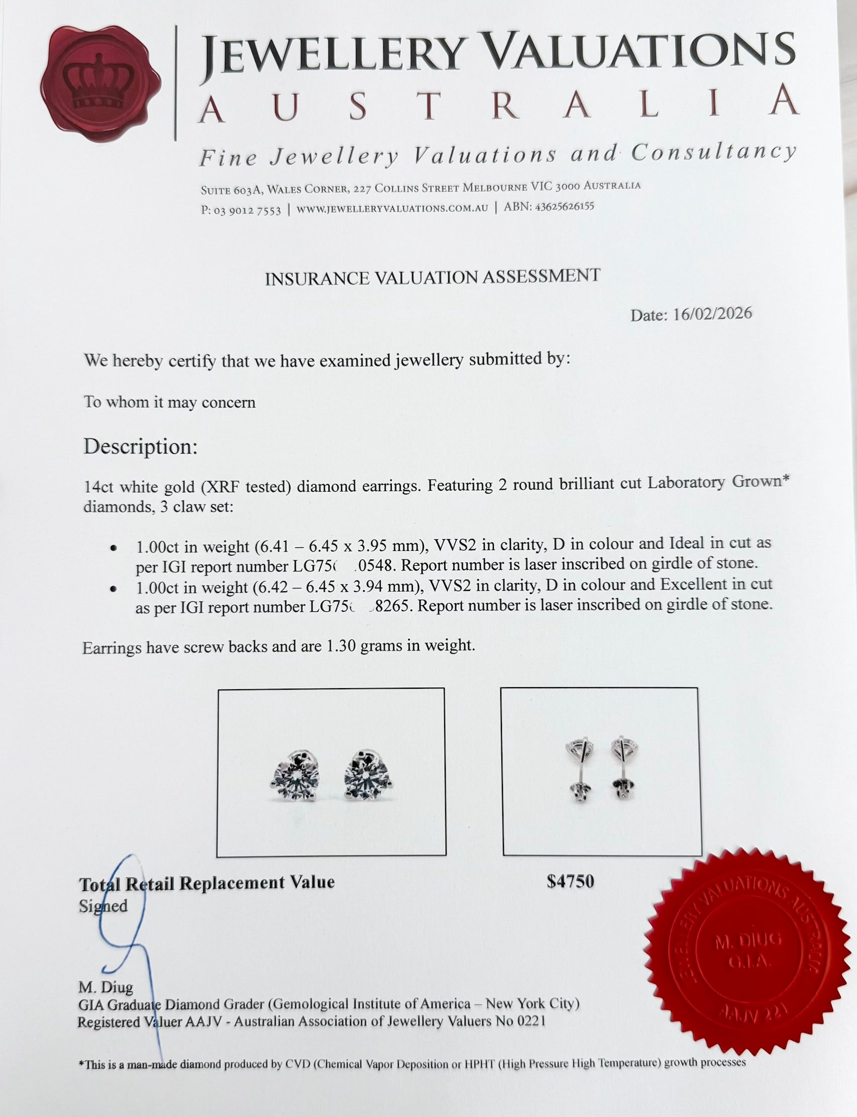 2.00cttw_VVS2_Round_Cut_Lab_Diamond_Earrings_Martini_Set_14K_White_Gold_IGI_Certified_valuation certificate