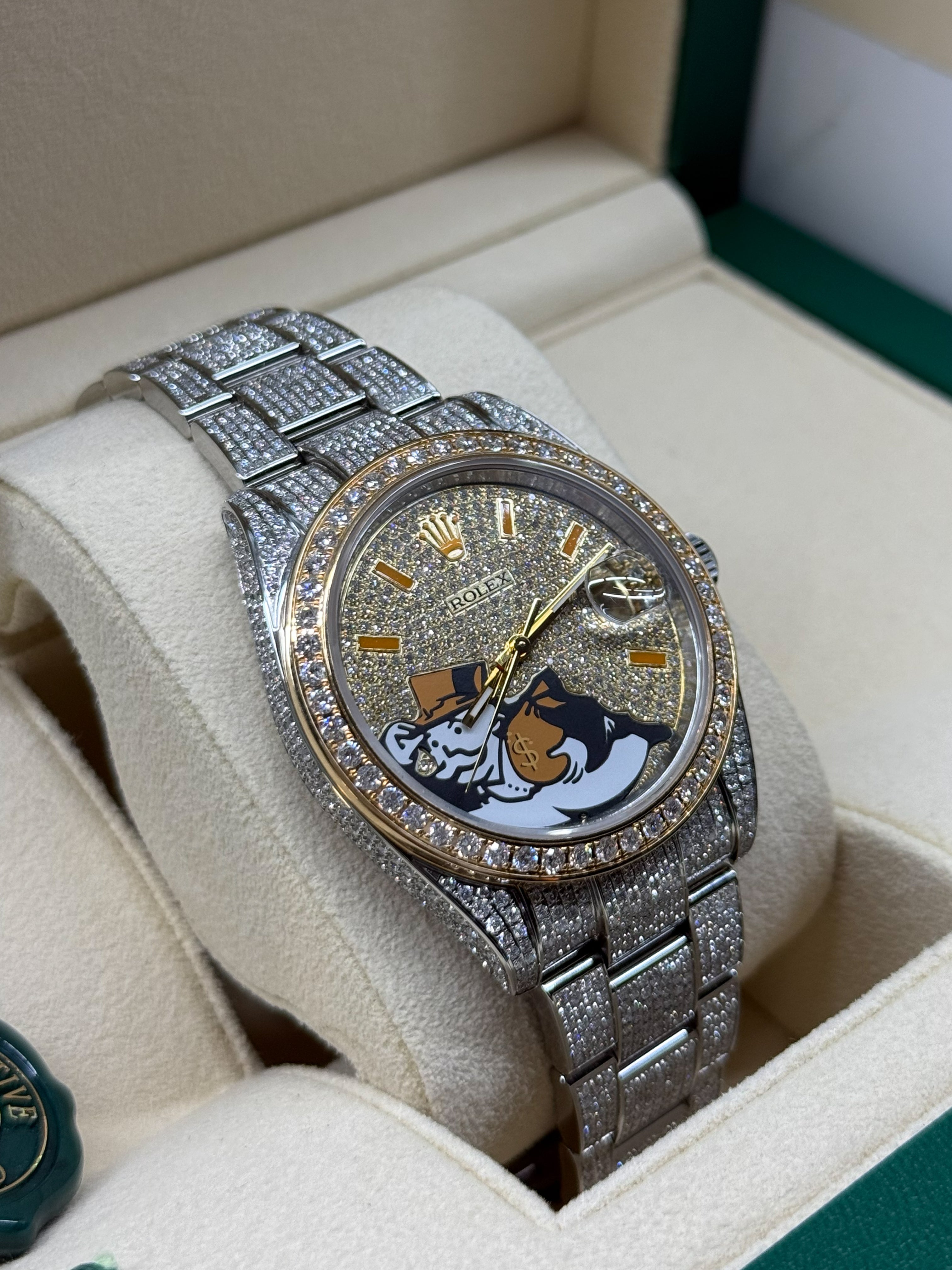 Rolex Datejust 41 Iced Out with Custom Monopoly Man Dial | 18K Yellow Gold Bezel