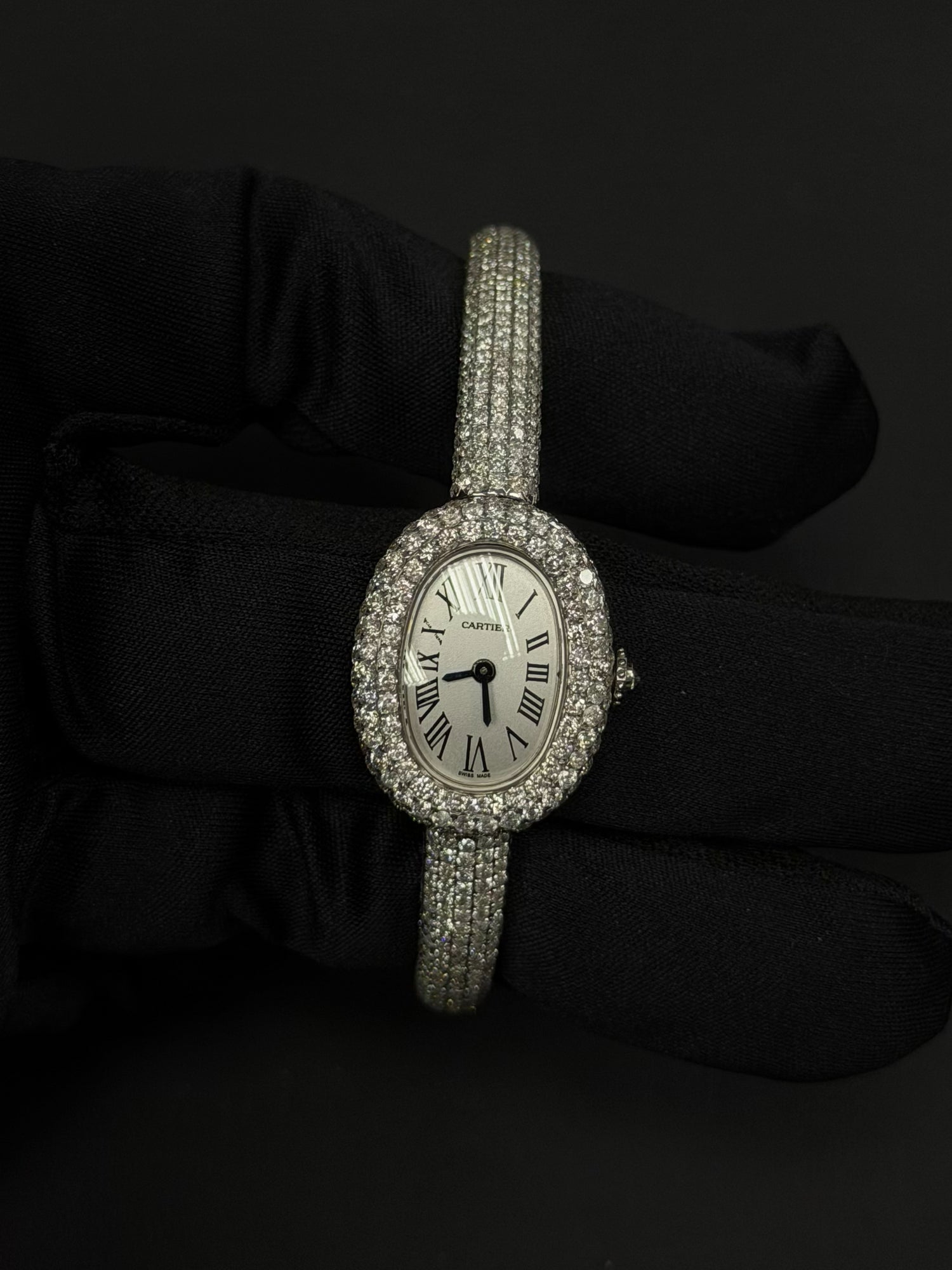 Cartier Baignoire iced out in natural diamonds, full set