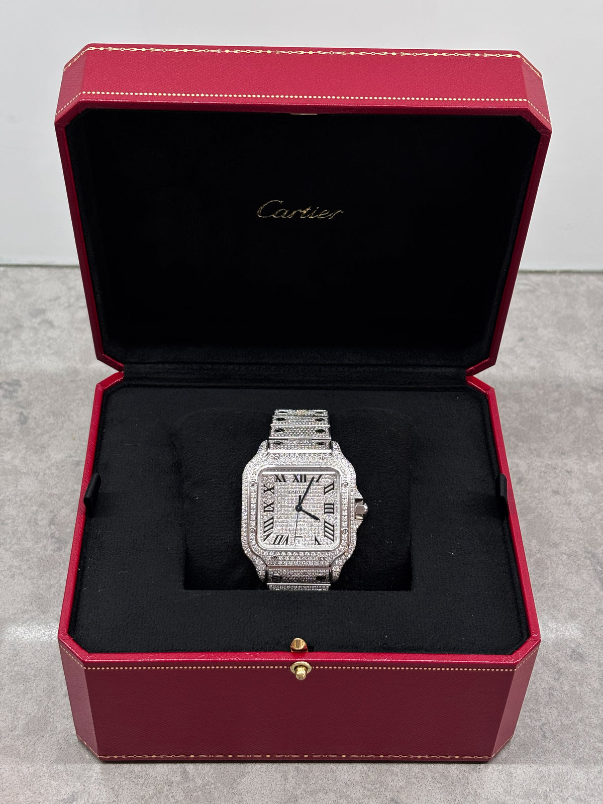 Iced out Cartier Santos Large diamond bracelet and case