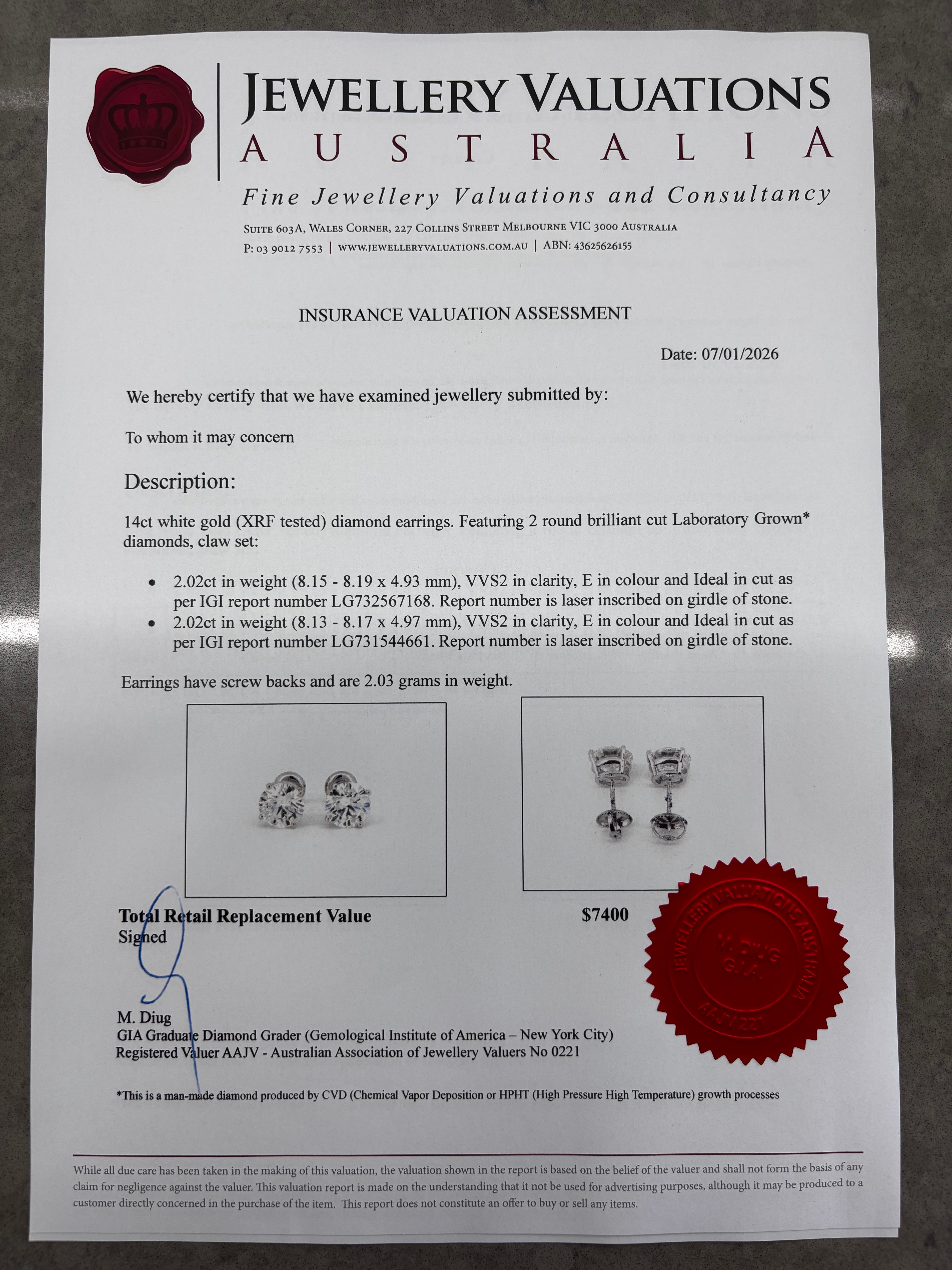 4.04cttw_E_VVS2_Round_Cut_Basket_Lab_Grown_Diamond_Stud_Earring_14K_Gold_valuation certificate