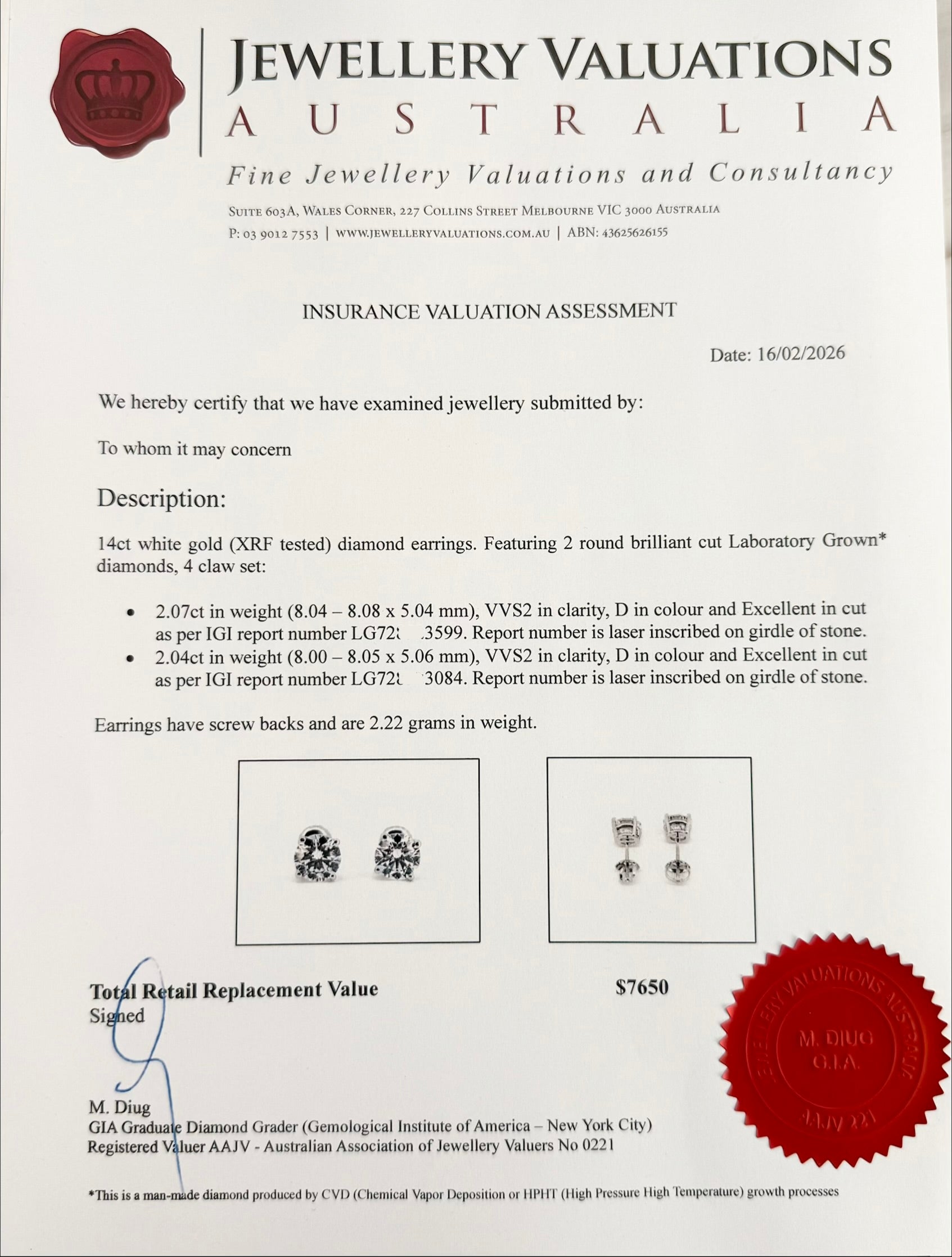 4.11cttw_VVS2_Round_Cut_Lab_Diamond_Earrings_Basket_Set_14K_White_Gold_IGI_Certified_valuation certificate