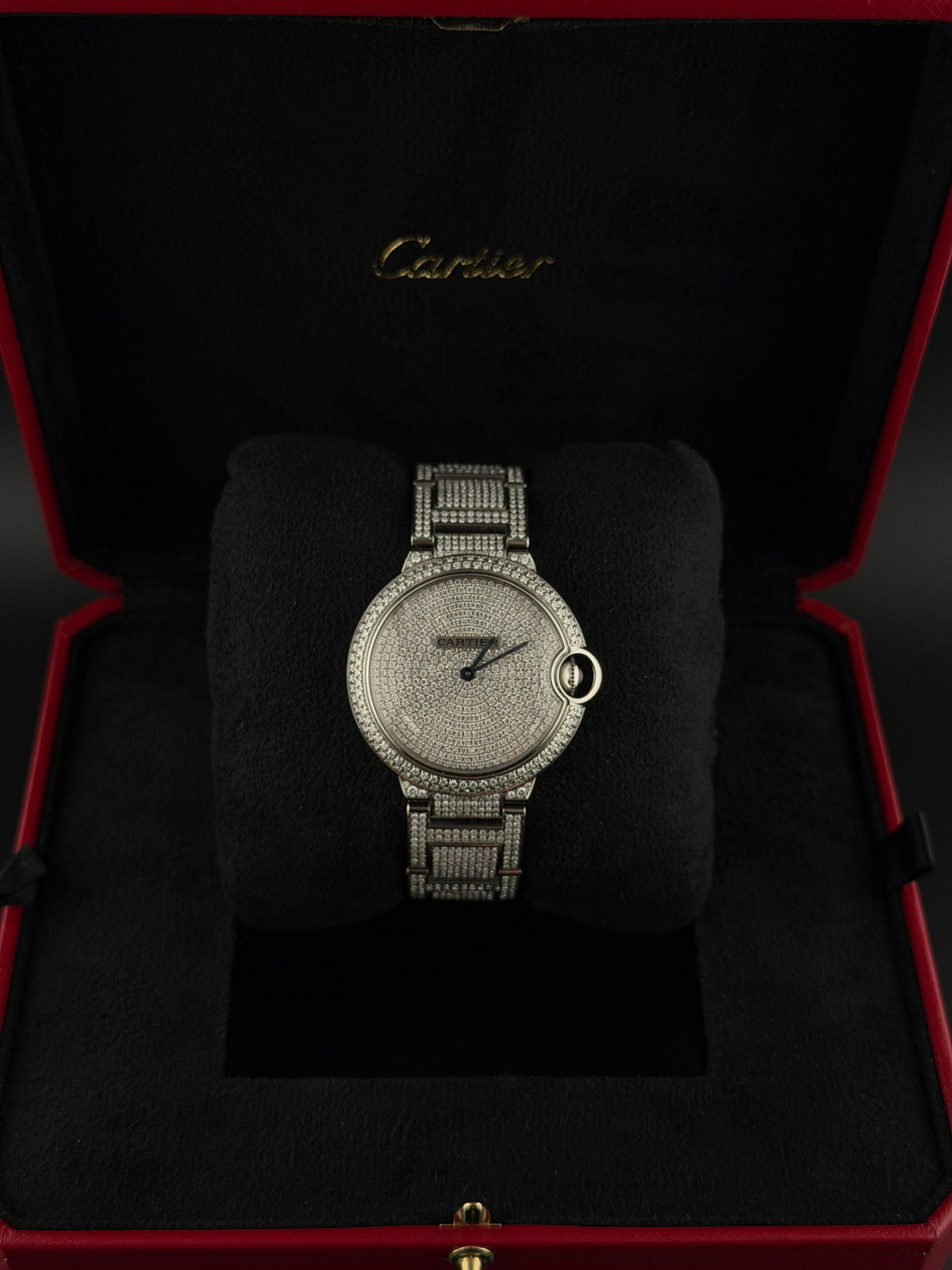 Cartier Ballon Bleu WE902075 with custom iced out diamond dial