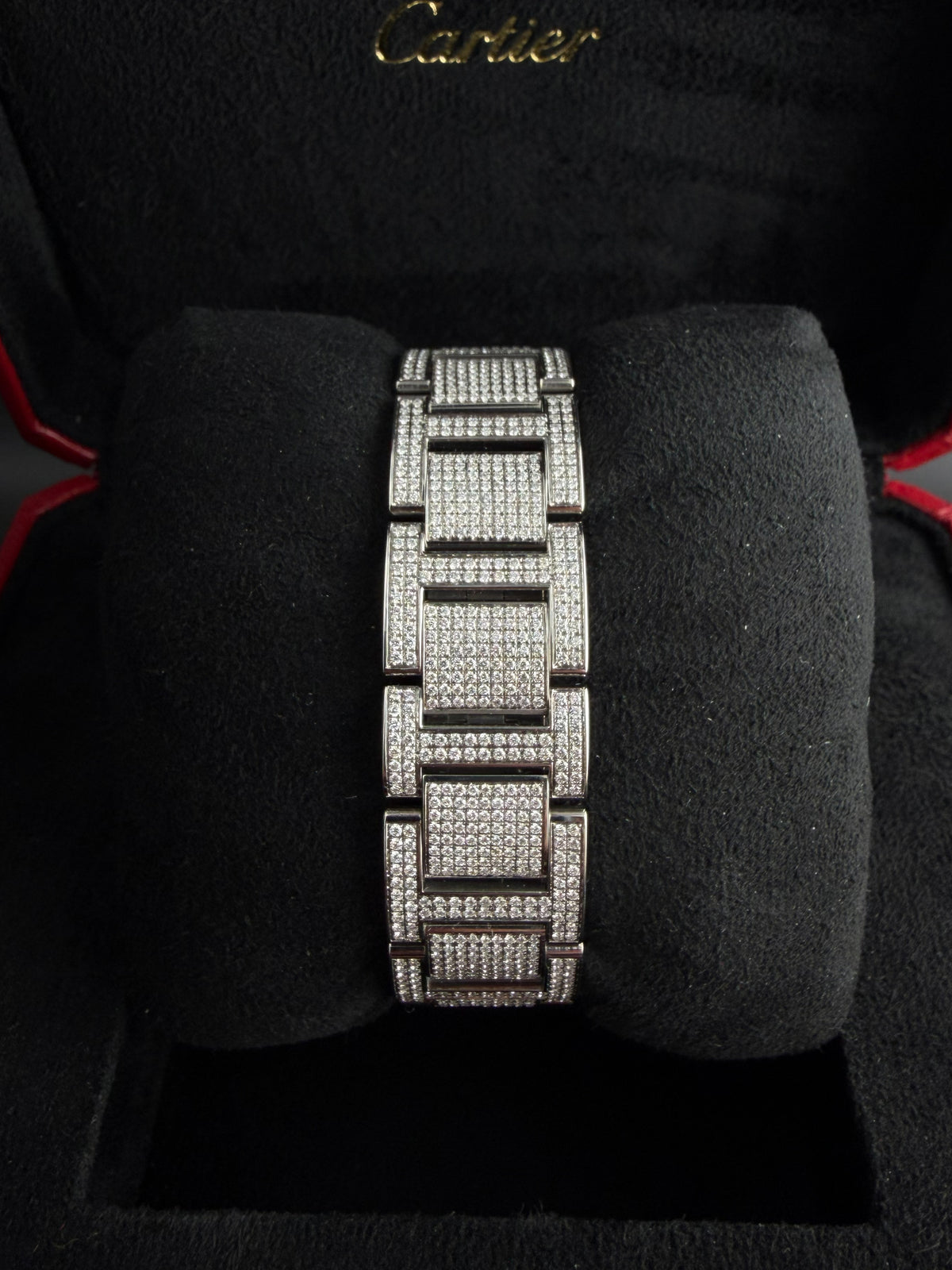 Iced out Cartier Ballon Bleu 33mm with 9 carat natural diamonds