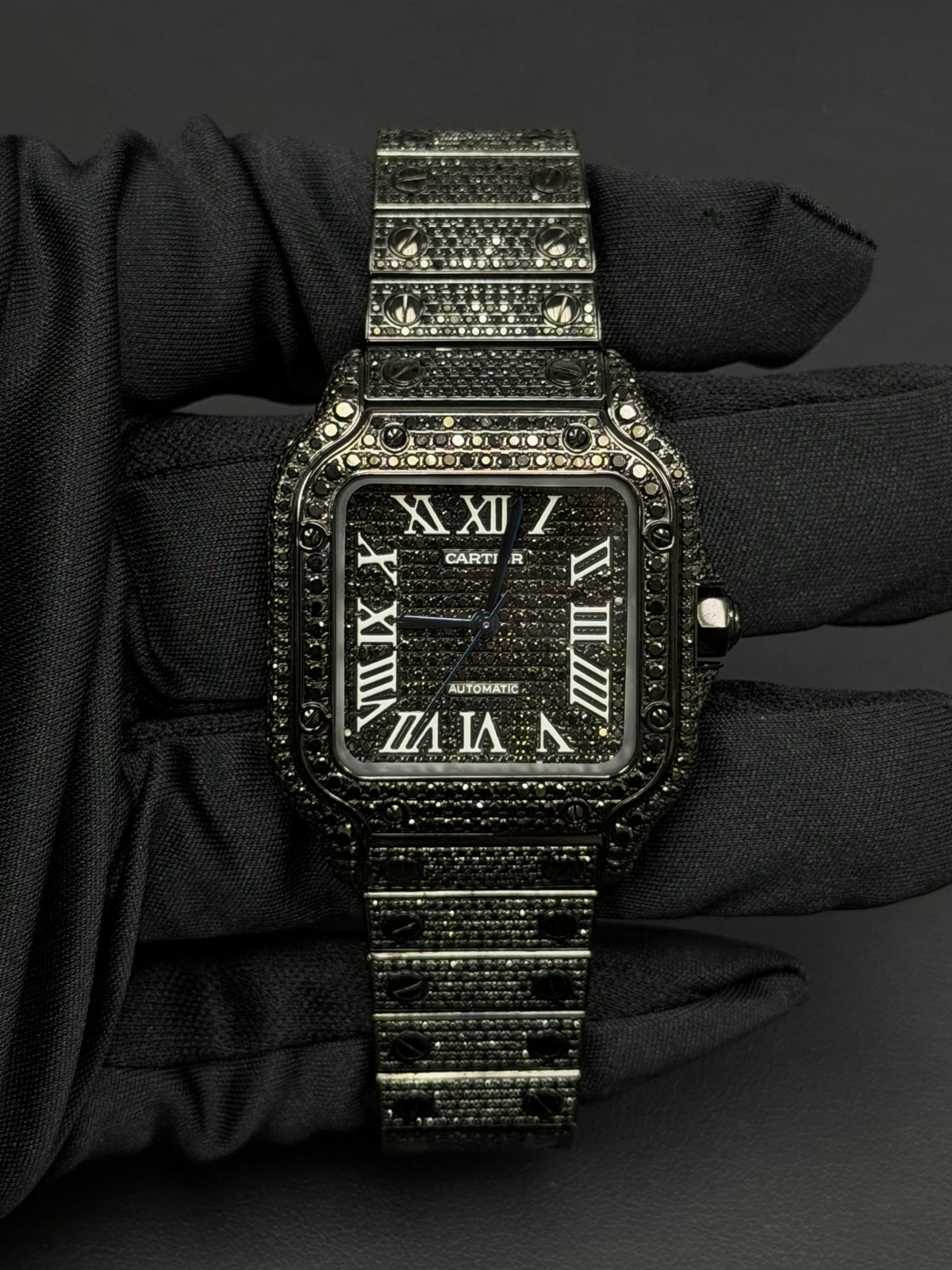 Cartier Santos Medium iced out with natural black diamonds and Roman numeral dial