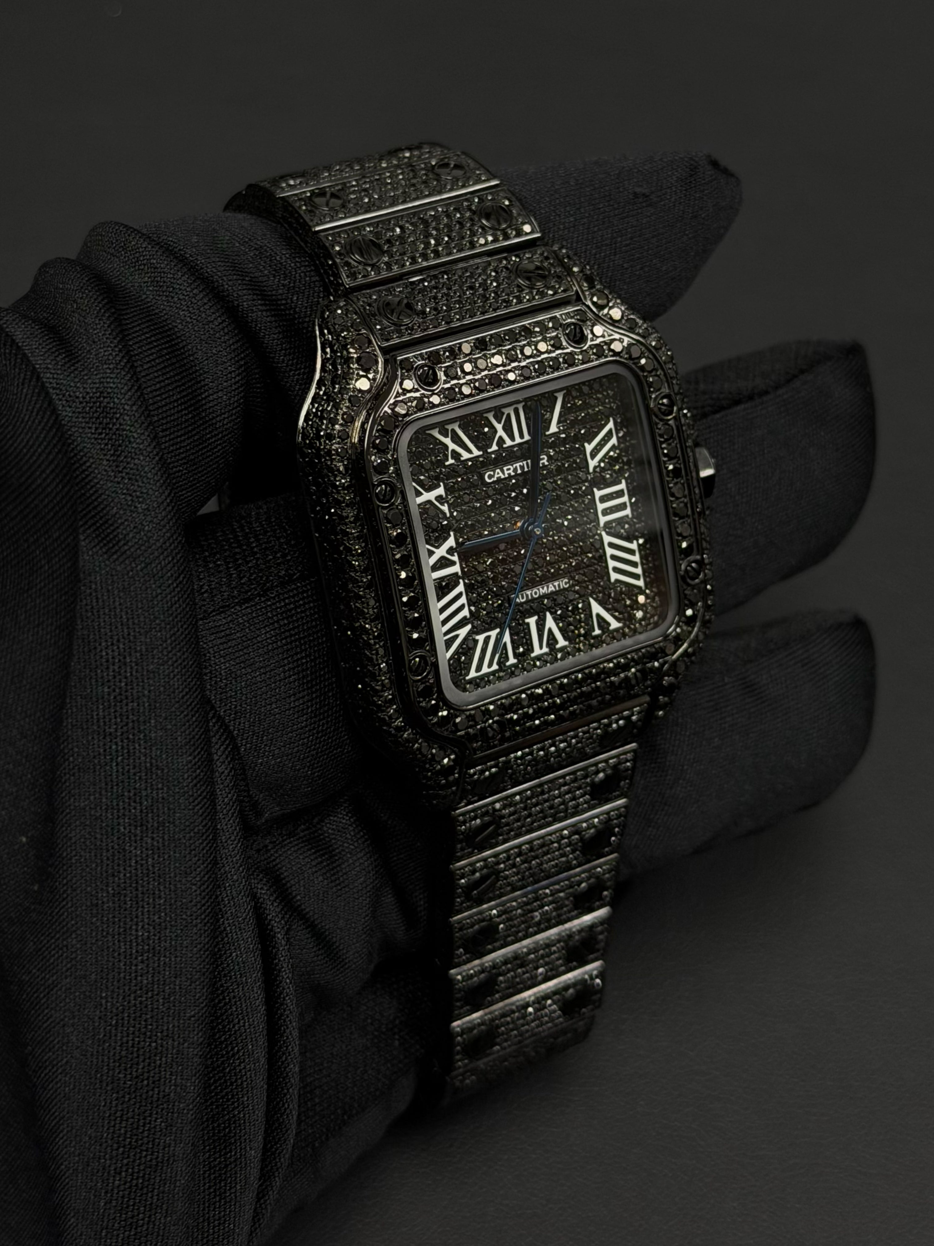 Cartier Santos Medium Iced Out in Black Natural Diamonds | Classic Diamond Setting