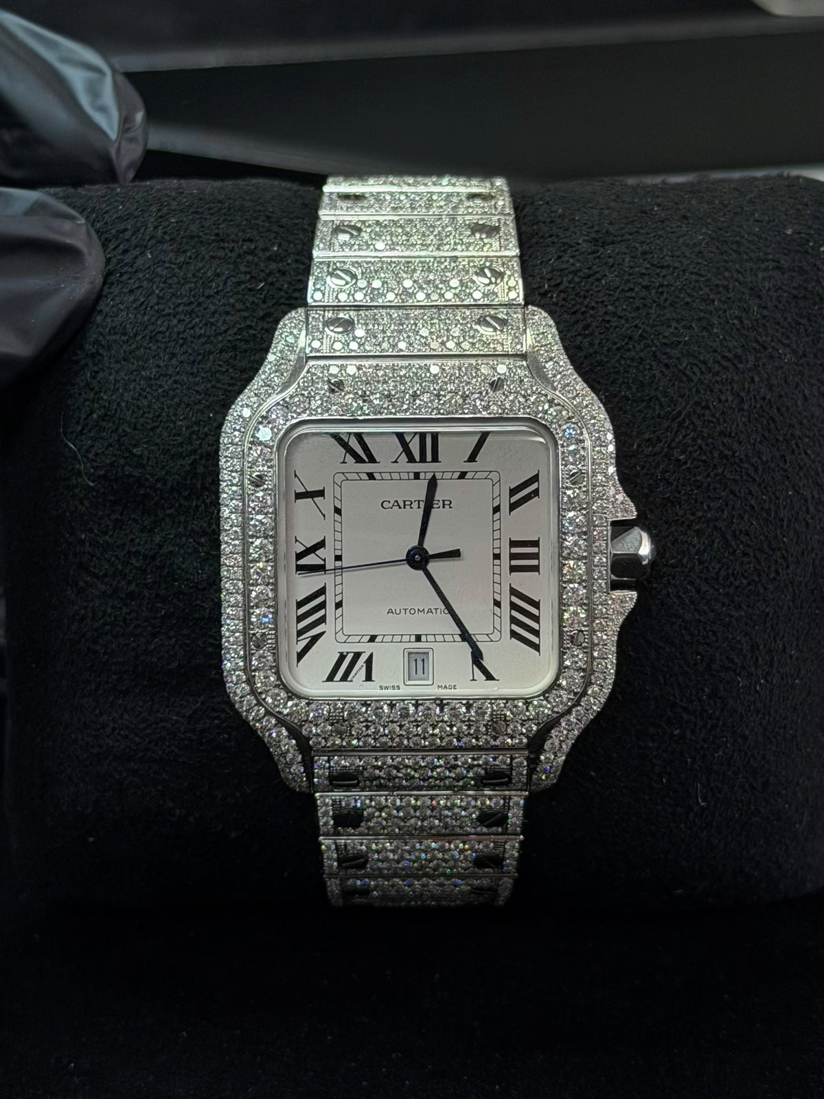 Cartier Santos Large iced out with high density natural diamond setting