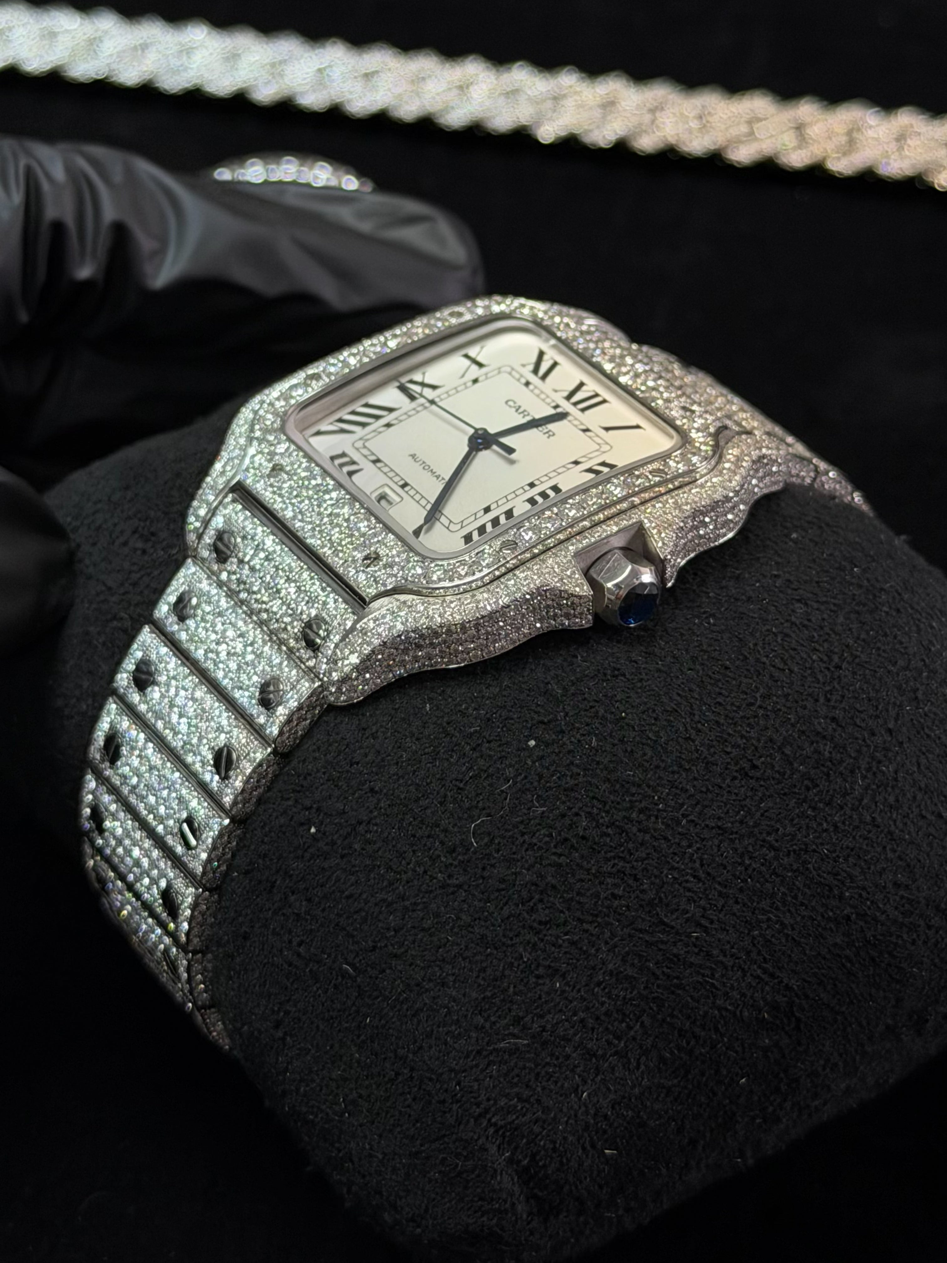 Cartier Santos Large Iced Out in Natural Diamonds | High Density Diamond Setting
